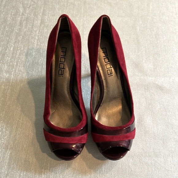 Moda Two Tone Red Heel Open Peep Toe Suede Patent Leather Pumps Sz 8 Womens - Picture 6 of 14